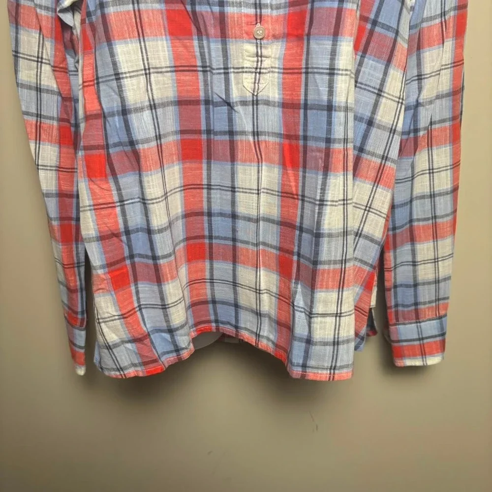 JCrew Blue Red Plaid Gauze Popover Long Sleeve Half Button Shirt Blouse Women XL